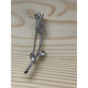 Silver Tone Tulip Brooch With Rhinestone Accents Gardner Plant Lover Pin Gift
